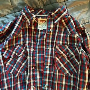 Levi’s blue, red, and white plaid button down shirt.